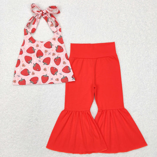 GSPO1077 Baby Girl Strawberry Hearts Valentine's Day Red Cotton Bell Pants Set