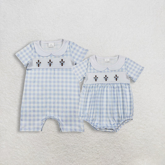Sibling Baby Boys Infant Embroidery Crosses Blue Plaid Easter Rompers RTS
