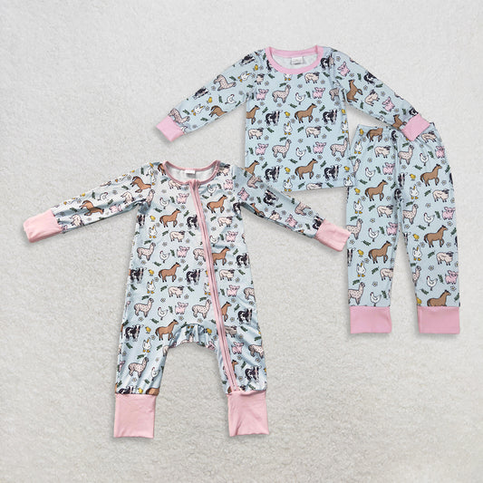 Sibling Baby Girls Kids Long Sleeves Farm Animals Flower Rompers Set Clothes RTS