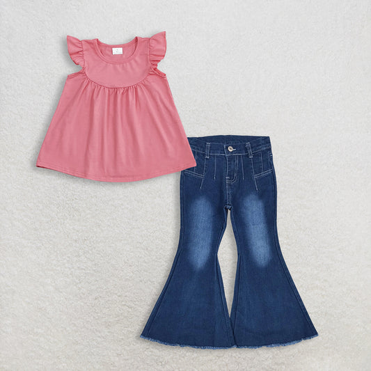 Baby Girls Kids Pink Short Sleeves Cotton Tunic Denim Jeans Bell Pants Set RTS