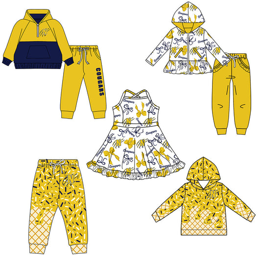 ( Moq 5 each style ) Baby Boy Girl Team Sibling Shirt Yellow Bows Cheer Dress Set 8.16