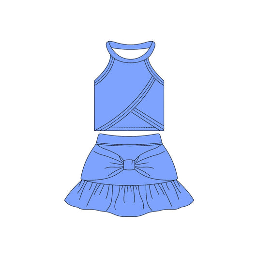 ( Moq 10 ) Baby Girl Blue Sleeveless Vest Bow Ruffle Shorts Skirts Activity Wear Yoga Set