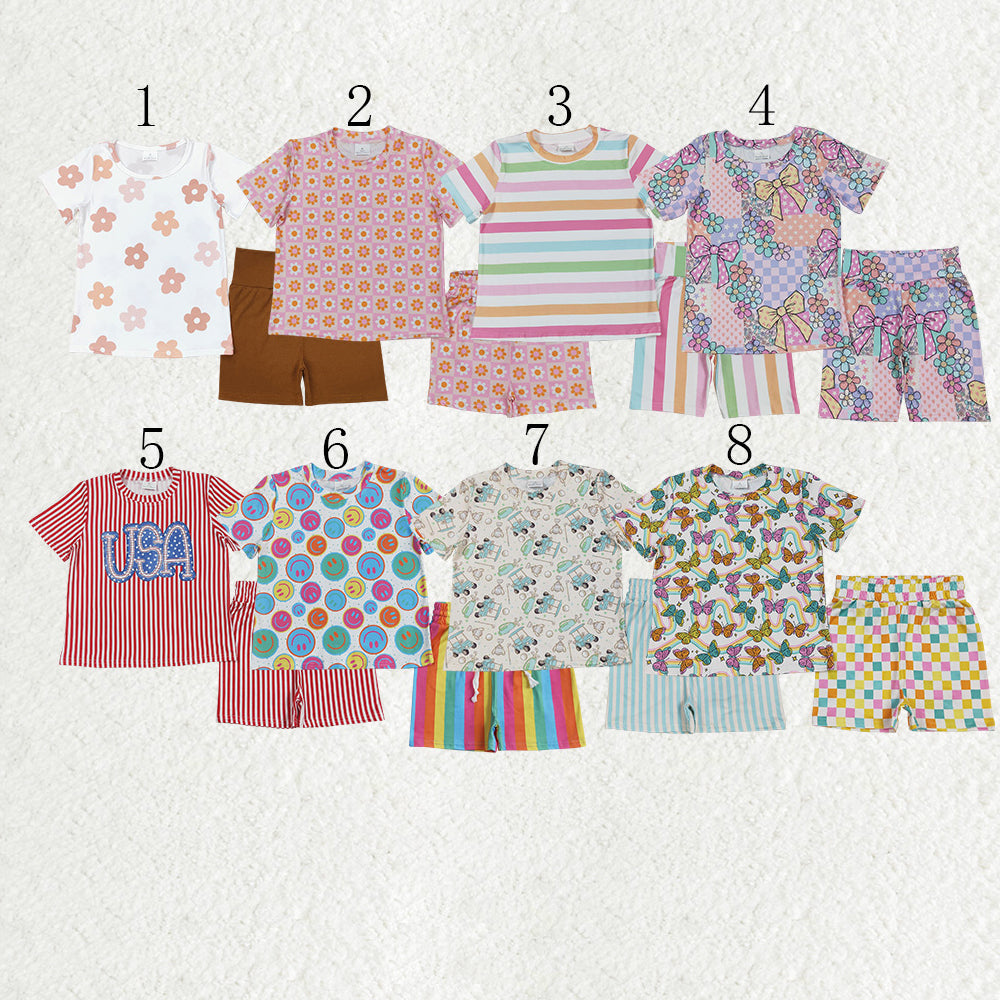 Baby Boy Girl Short Sleeves Flower Bows Stripes Smile Shirt Shorts Sibling Summer Set RTS