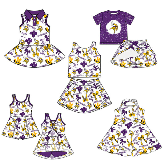 ( Moq 5 each style ) Baby Girl Toddler Team Bows Purple Sibling Skort Dress Set 6.9