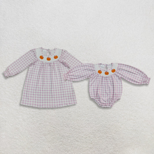 Sibling Baby Girls Kids Thanksgiving Embroidery Pumpkins Bows Fall Romper Dresses Pink Plaid Clothes RTS