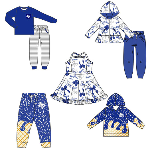 ( Moq 5 each style ) Boys Girls Team Cheer Sibling Shirt Drips Blue Bows Dress Set 8.14