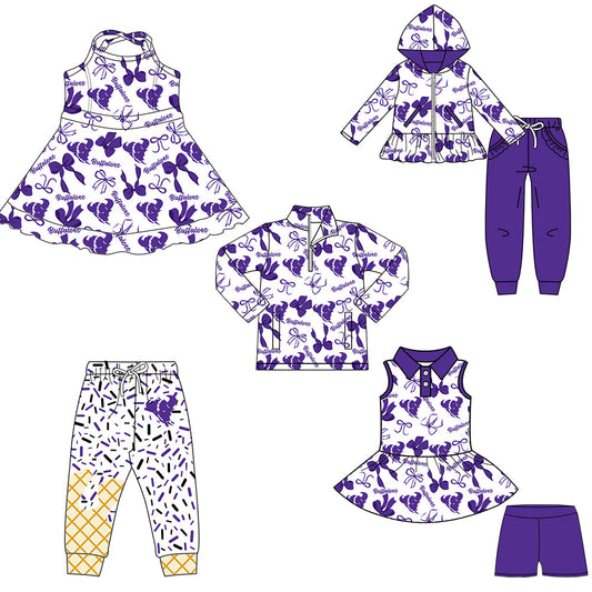 ( Moq 5 each style ) Baby Boy Girl Team Cheer Sibling Shirt Purple Bows Dress Set 8.11