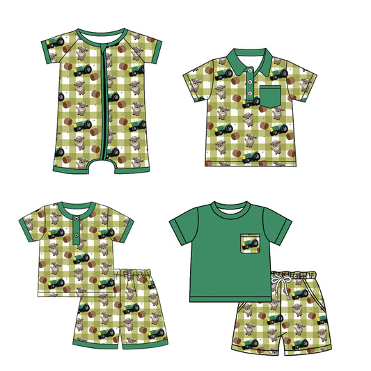 ( Moq 5 Each Style ) Baby Boy Short Sleeves Farm Animals Plaid Sibling Romper Set 3.26