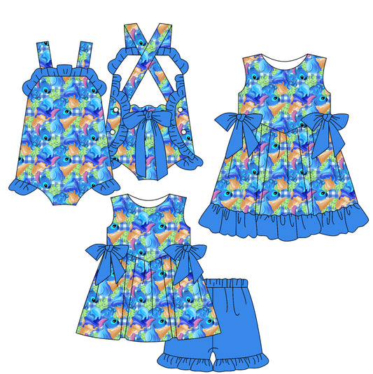 ( Moq 5 Each Style ) Sibling Baby Girls Kids Cartoon Blue Bows Romper Dress Set Summer Clothes