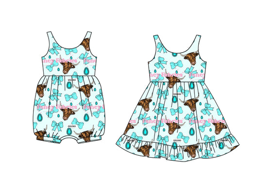 ( Moq 5 Each Style ) Baby Girl Straps Bows Cow Western Sibling Romper Dress 4.16