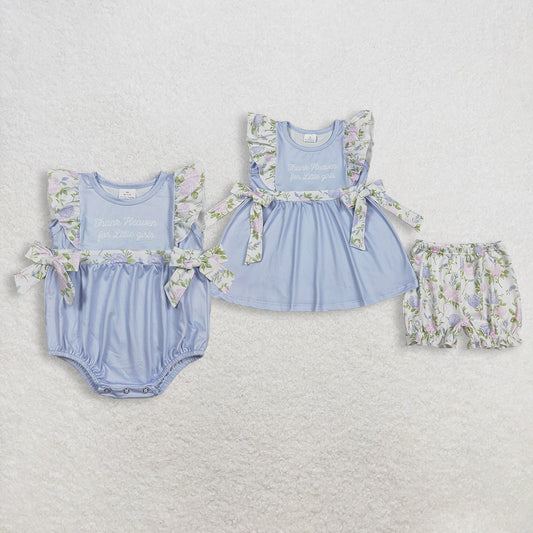 Sibling Baby Girls Kids Thank Heaven Bows Blue Tunic Floral Shorts Set Romper Clothes RTS