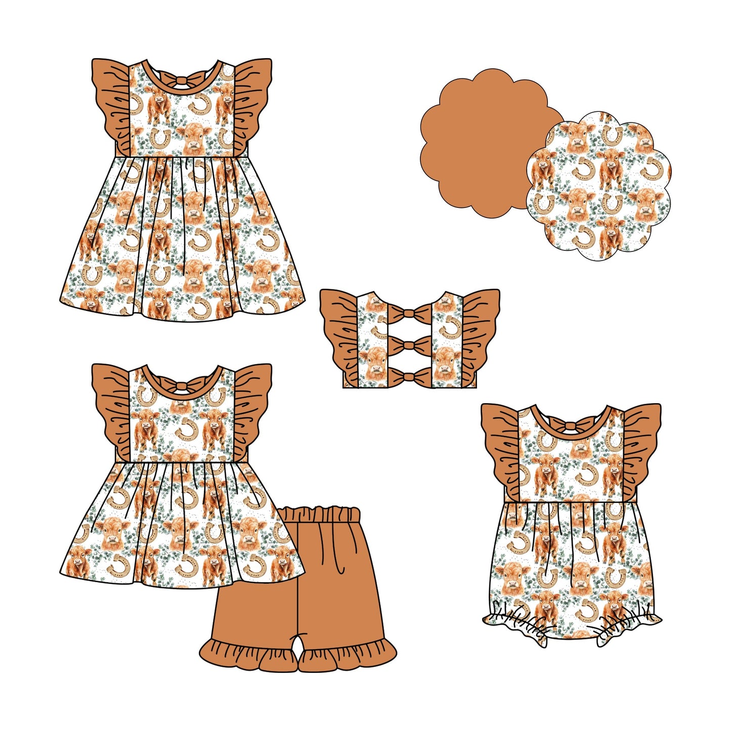 ( Moq 5 Each Style ) Baby Girl Short Sleeves Western Cow Flower Sibling Summer Romper Dress Set 4.24