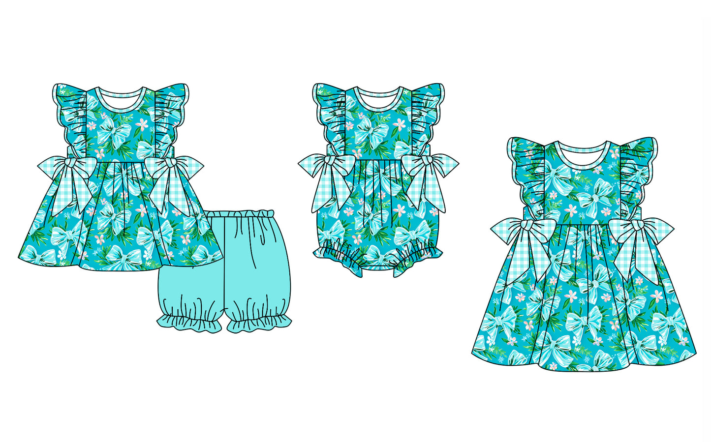 Baby Girl Short Sleeves Bows Floral Plaid Sibling Romper Dress Clothes Set ( Moq 5 Each Design ) 11.30