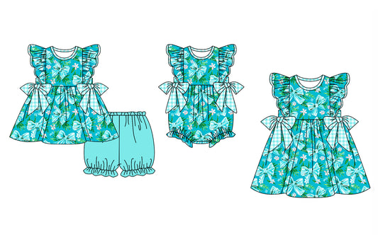 Baby Girl Short Sleeves Bows Floral Plaid Sibling Romper Dress Clothes Set ( Moq 5 Each Design ) 11.30