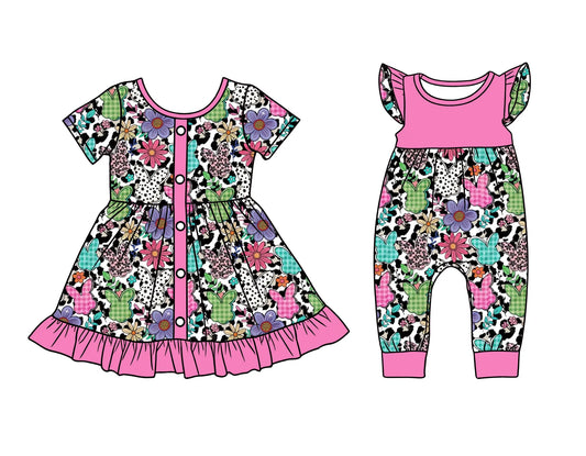 ( Moq 5 Each Style ) Baby Girls Kids Short Sleeves Rabbits Flower Easter Romper Set
