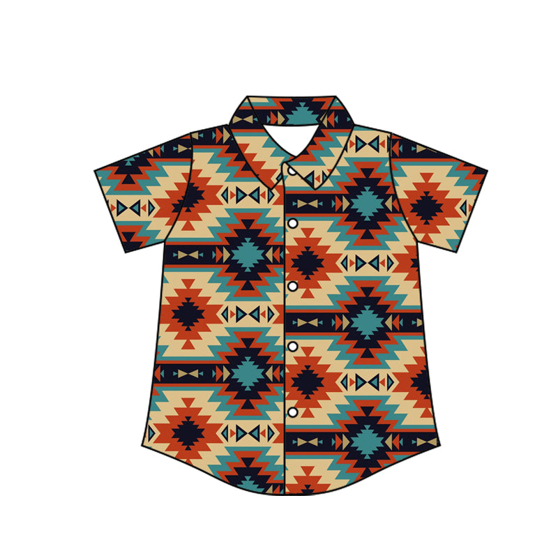 ( Moq 5 ) Baby Boy Short Sleeves Colorful Aztec Button Shirts Tops