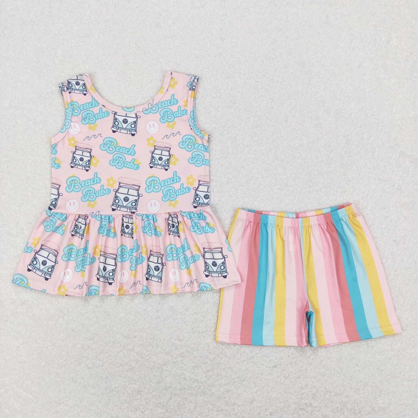 GSSO0504 Baby Girl Sleeveless Beach Babe Tunic Stripes Shorts Summer Set