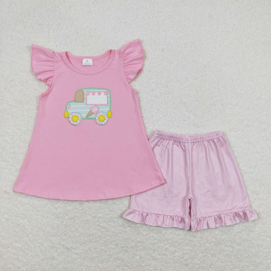 Baby Girl Short Sleeves Embroidery Popstick Pink Tops Stripes Shorts Set