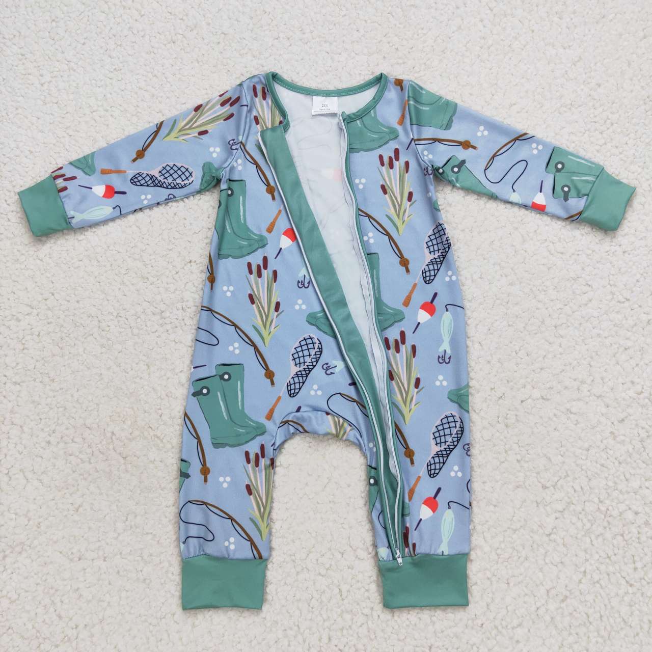 LR0664 Baby Boy Long Sleeves Fishing Zipper One Piece Romper