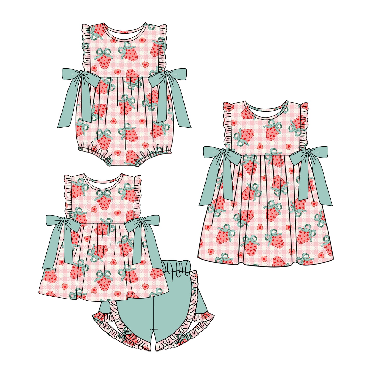 Baby Girl Short Sleeves Strawberry Hearts Sibling Romper Dress Clothes Set ( Moq 5 Each Design )12.3