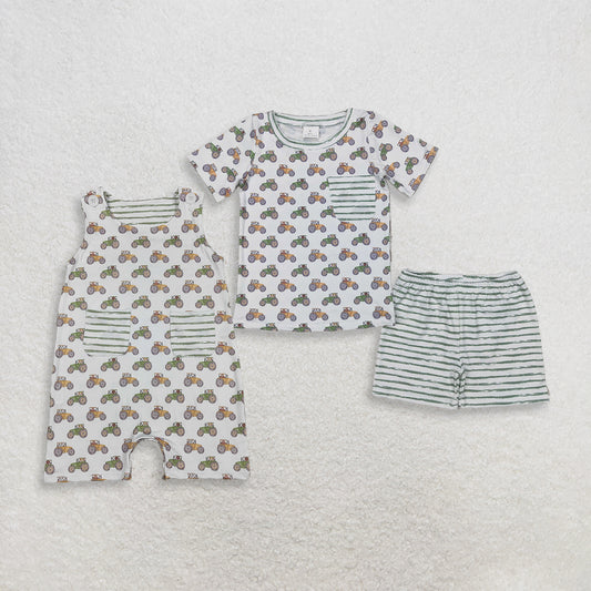 Sibling Baby Boys Kids Dogs Tractors Pockets Romper Set Summer Clothes RTS