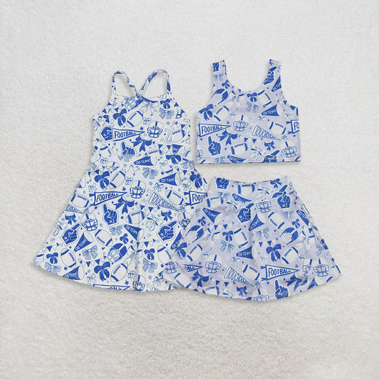 Sibling Baby Girl Blue Football Bows Cheer Summer Yoga Active Set Dress RTS