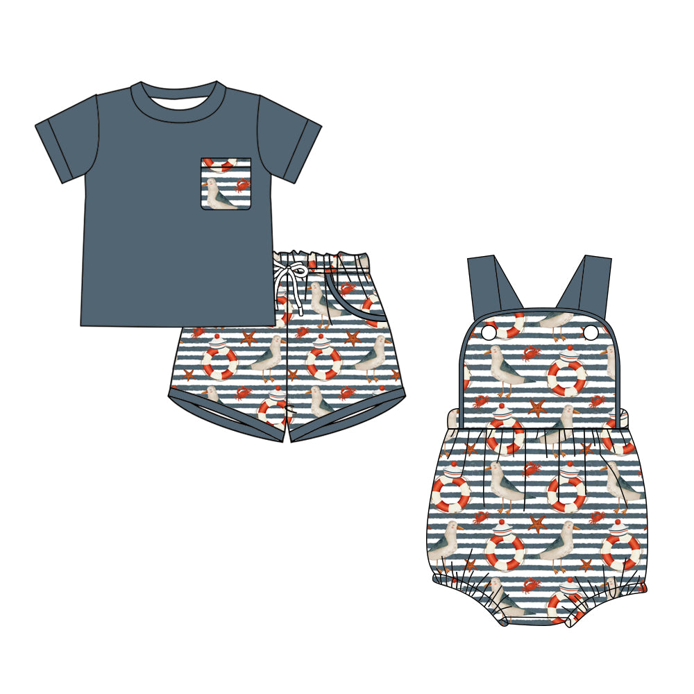 ( Moq 5 Each Style ) Baby Boys Kids Short Sleeves Shirt Pockets Shorts Stripes Set Romper Sibling Clothes