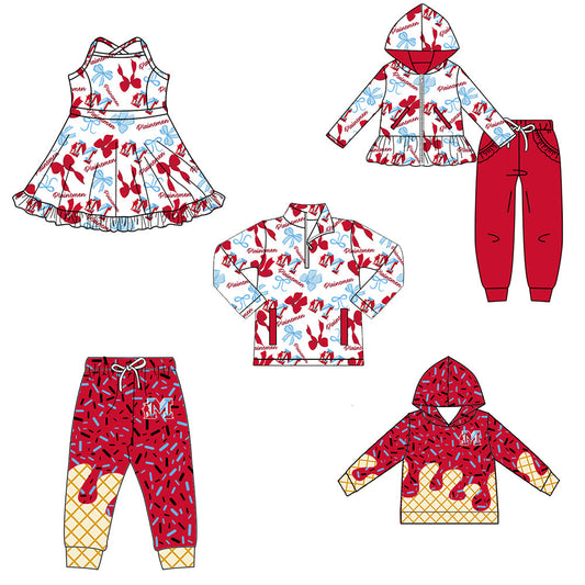 ( Moq 5 each style ) Baby Boy Girl Team Cheer Sibling Shirt Red Blue Bows Dress Set 8.13