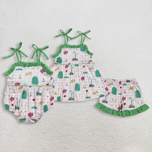 Sibling Baby Girls Kids Straps Golf Plaid Summer Bubble Romper Set RTS