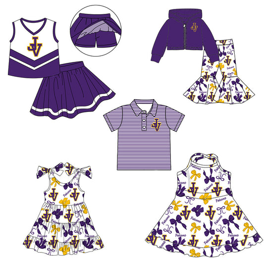 ( Moq 5 each style ) Baby Boy Girl Team Cheer Sibling Shirt Bows Purple Dress Set
