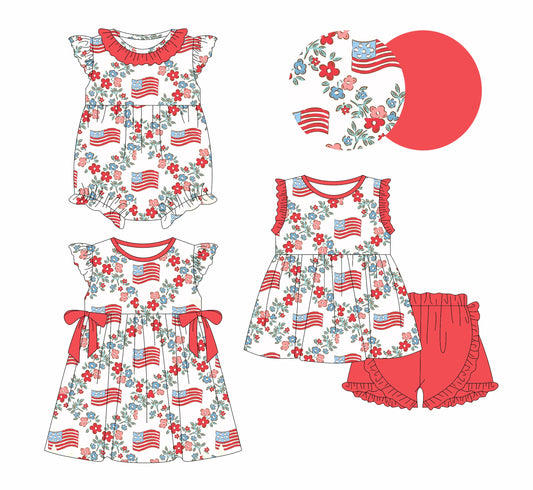 ( Moq 5 Each Style ) Baby Girl 4th Of July Flags Flower Sibling Romper Dress Set 3.27