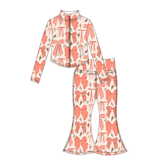 ( Moq 10 ) Baby Girl Orange Bows Long Sleeves Pockets Zipper Tops Pants Activity Wear Yoga Set