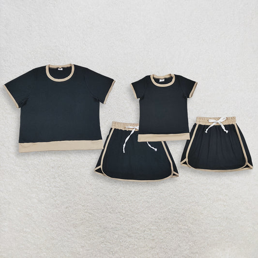 Sibling Baby Girls Adult Women Short Sleeves Black Cotton Shirts Skirts Shorts Sets Summer Clothes RTS