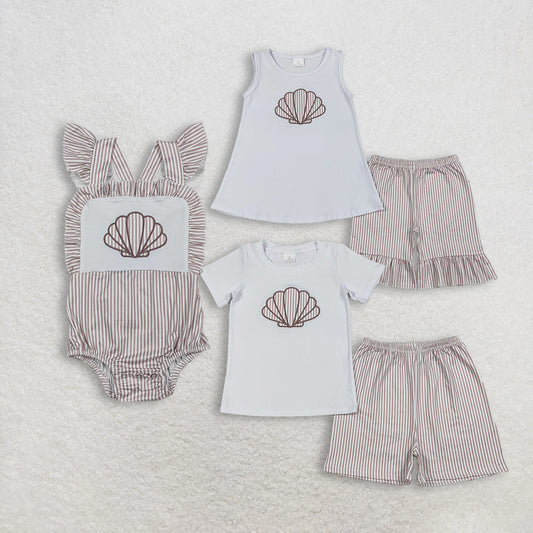 Sibling Baby Boys Girls Kids Embroidery Shell Stripes Romper Set Summer Clothes RTS