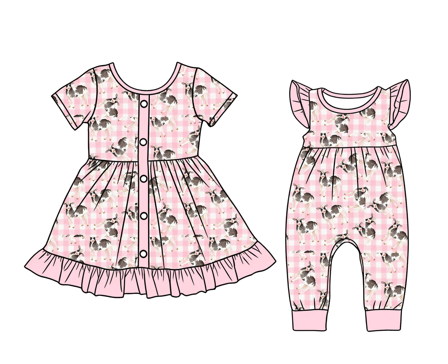 ( Moq 5 Each Style ) Sibling Baby Girls Kids Short Sleeves Cow Plaid Romper Dress Clothes