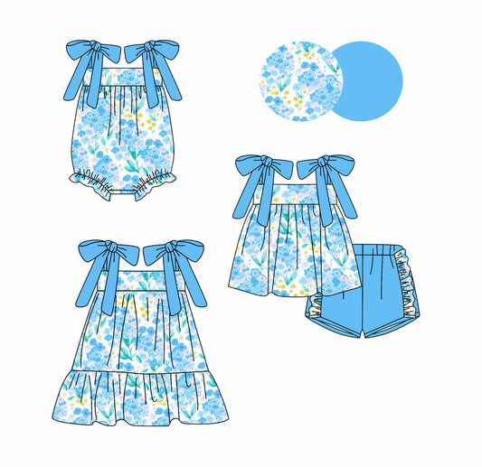 ( Moq 5 Each Style ) Sibling Baby Girls Kids Blue Flower Romper Dress Set Summer Clothes