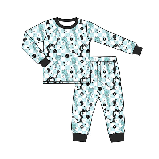 Baby Boy Green Checkered Halloween Shirt Pants Pajamas Set