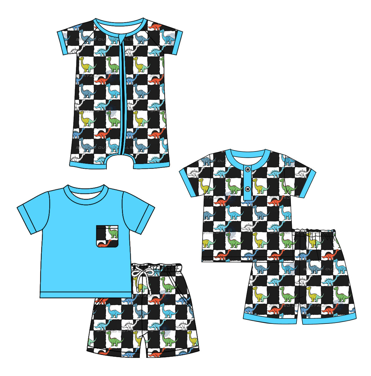 Baby Boy Short Sleeves Dinosaurs Checked Sibling Romper Set ( Moq 5 Each Style ) 12.21