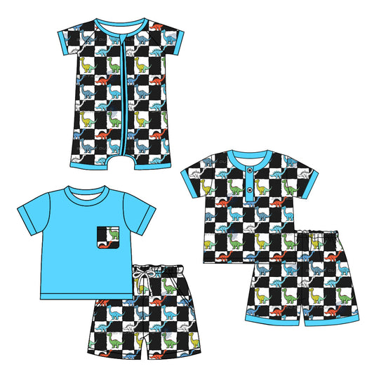 Baby Boy Short Sleeves Dinosaurs Checked Sibling Romper Set ( Moq 5 Each Style ) 12.21