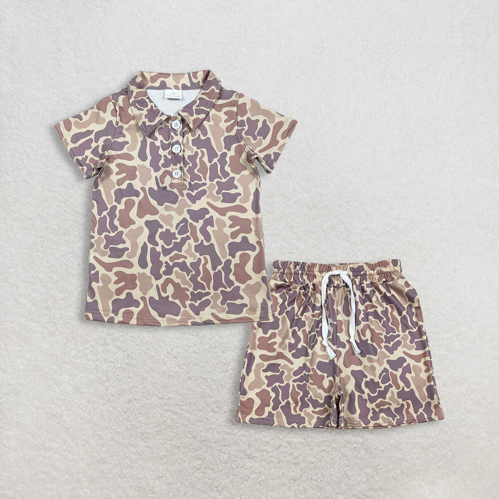 Baby Boys KIds Short Sleeves Buttons Shirt Pockets Shorts Camo Clothes Summer Set RTS