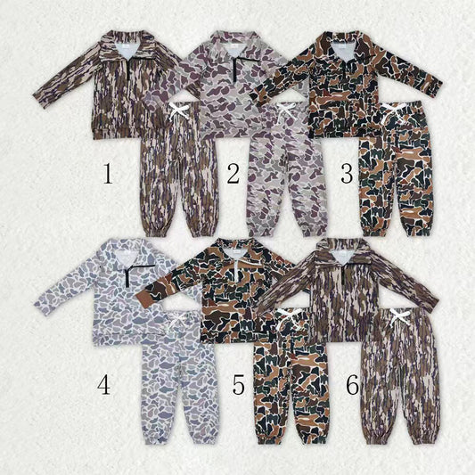 Sibling Baby Boys Kids Long Sleeves Camo Zipper Shirt Pockets Pants Clothes Set RTS