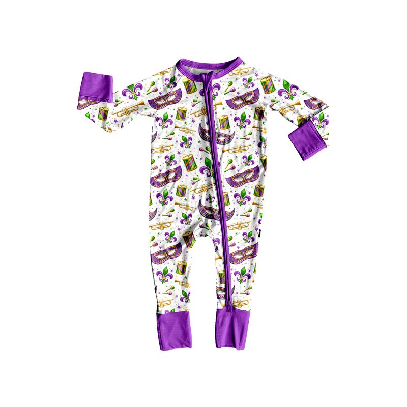 ( Moq 5 ) Preorder Baby Toddler Kids Masks Mardi Gras Zipper Footie Romper Clothes