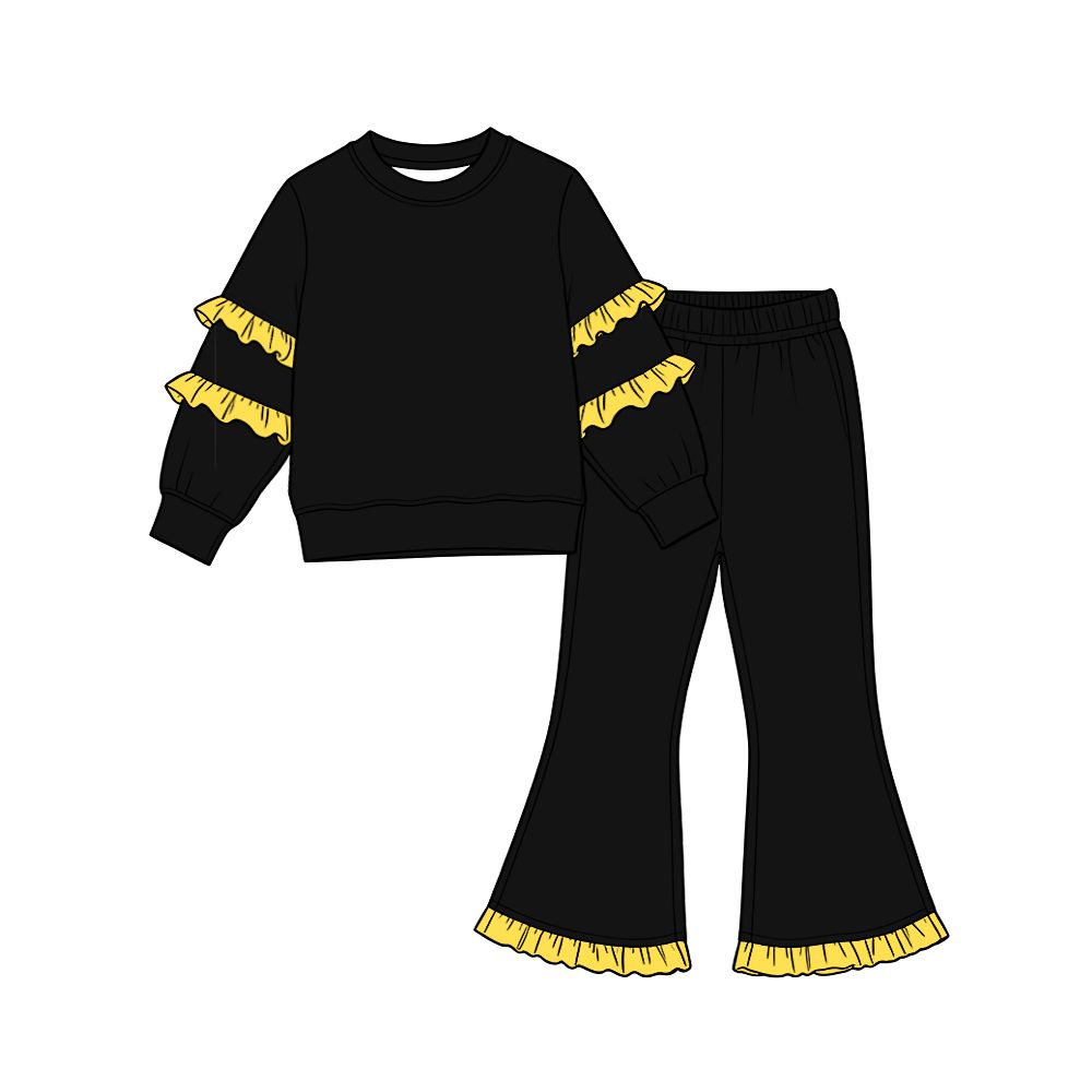 ( Moq 5 ) Preorder Baby Girls Kids Yellow Ruffle Long Sleeves Shirt Pockets Pants Cotton Set Black Clothes