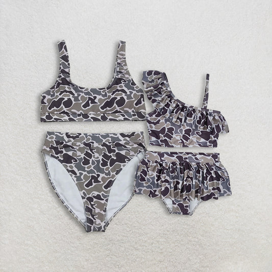 Sibling Baby Girl Adult Women Dark Grey Camo Sibling Family Trunks Mommy and Me Swimsuit RTS