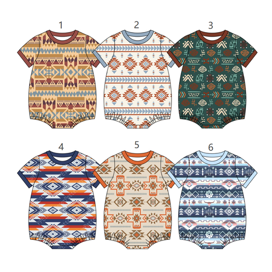 ( Moq 5 Each Style ) Sibling Baby Boys Infant Bows Short Sleeves Western Aztec Rompers Summer Clothes