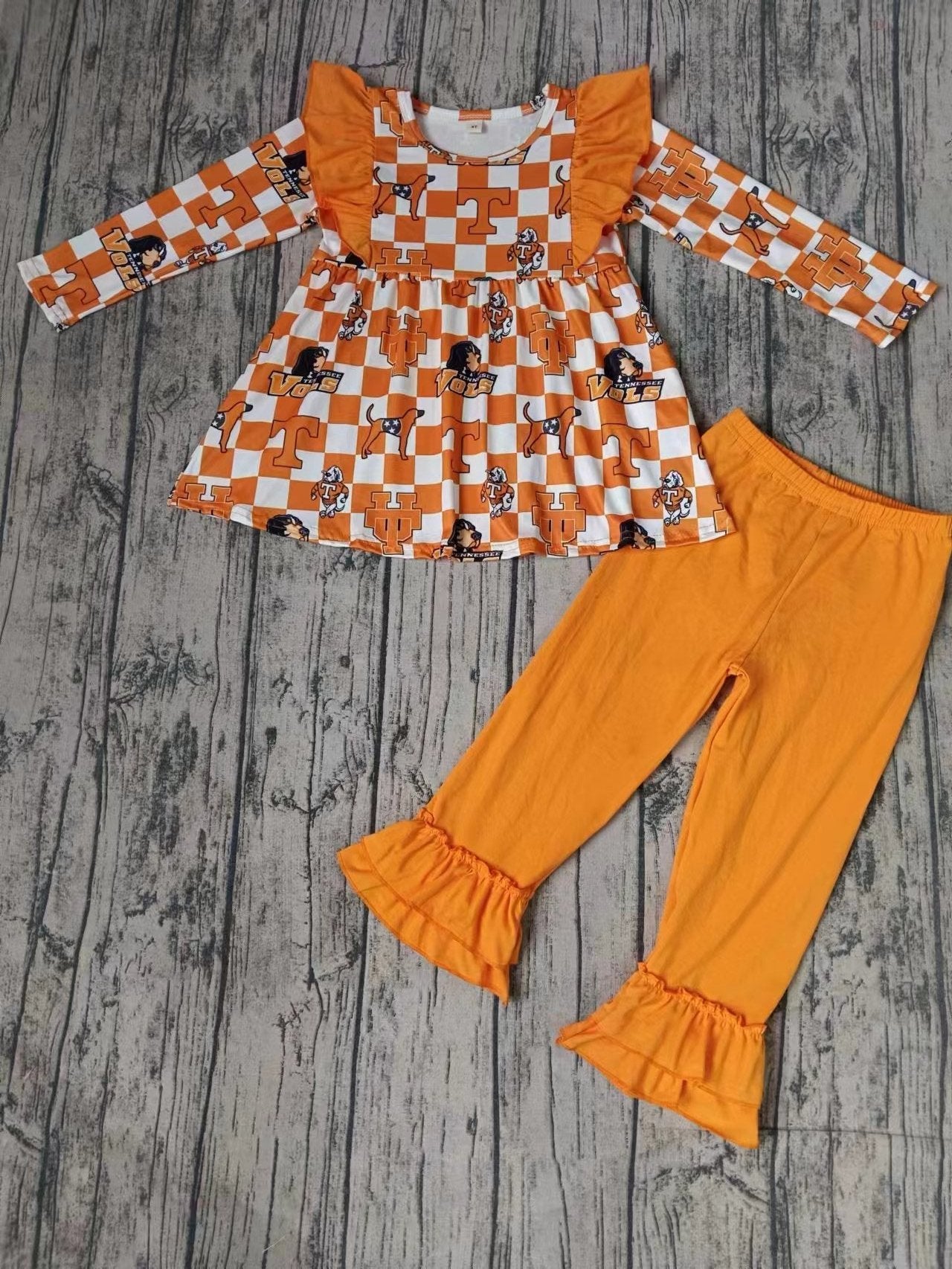 Baby Girl Long Sleeves Dog Team Tops Cotton Ruffle Pants Set Moq 5