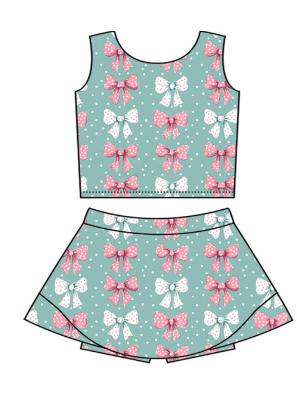 ( Moq 5 ) Baby Girls Kids Sleeveless Bows Green Tops Skirt Shorts Set Clothes