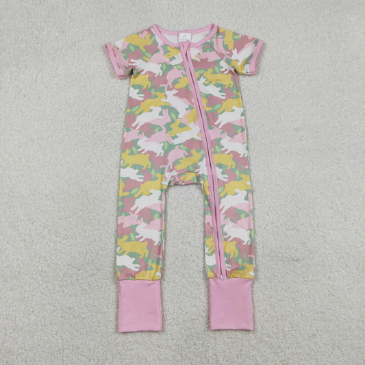 Baby Girls Short Sleeves Rabbits Camo Zipper Footie Easter Romper RTS