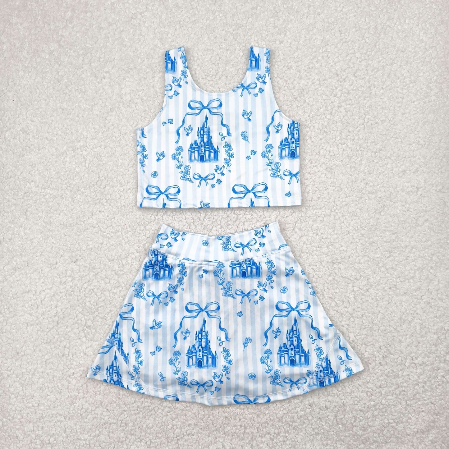 Baby Girl Sleeveless Castles Bows Flower Sibling Yoga Active Skort Blue Dress Set RTS