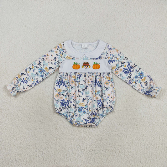 Baby Girl Long Sleeves Embroidery Pumpkins Floral Bubble Romper RTS